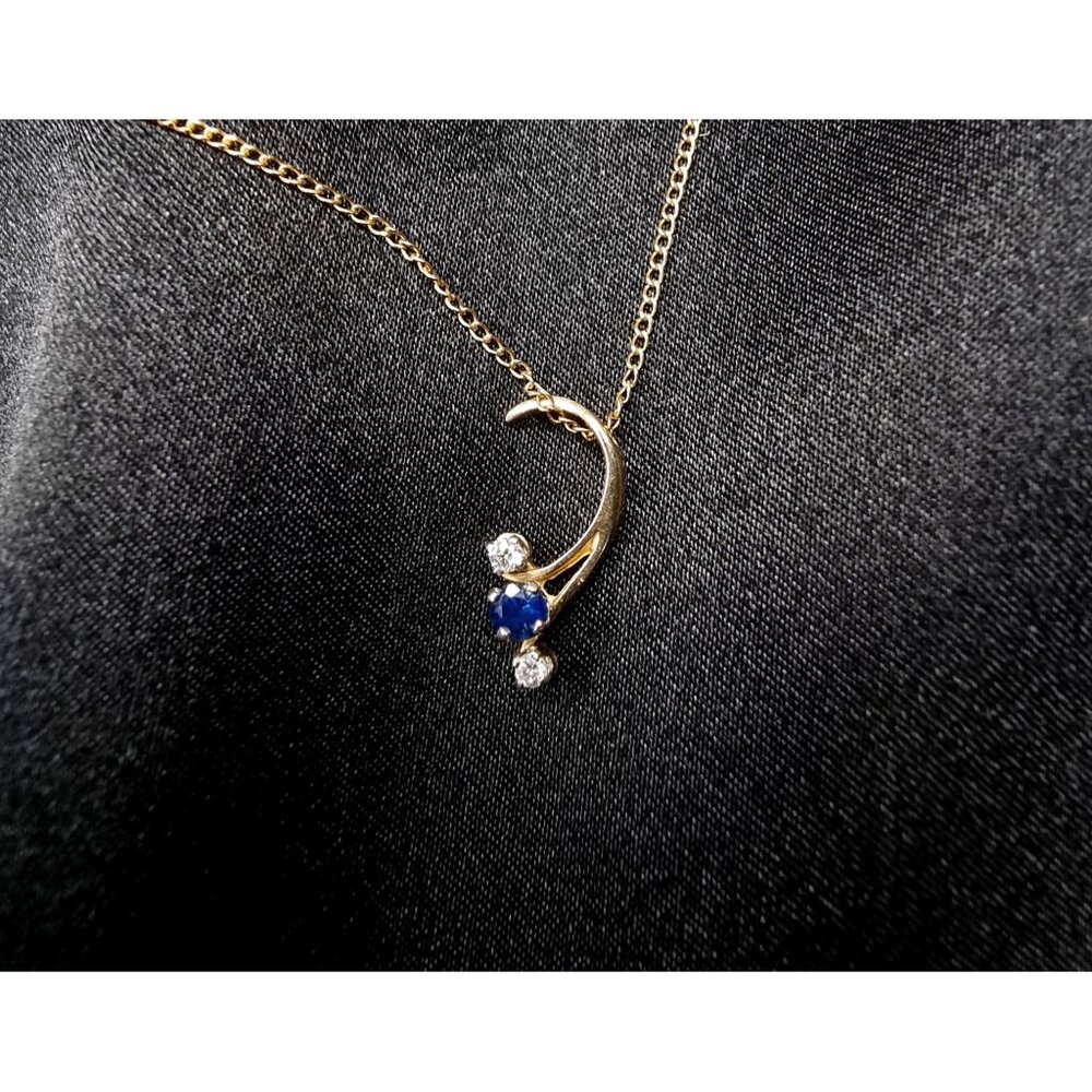 Vintage 14K Solid Gold Topaz & Cubic Zirconia Crescent Pendant Necklace